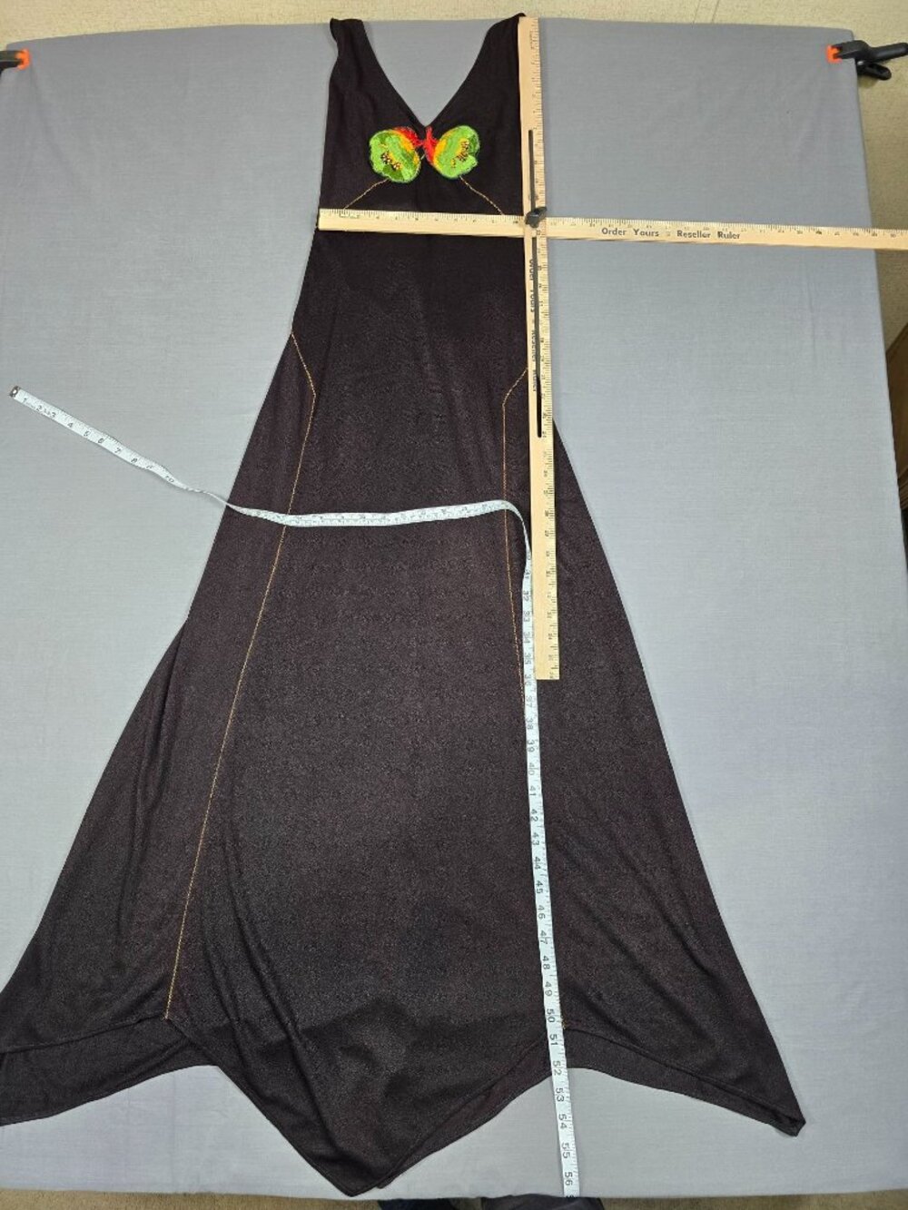 Small Vintage Black Halter Flapper Dress Embroidered Flower Ruffle Tie FLAWED - Picture 4 of 4